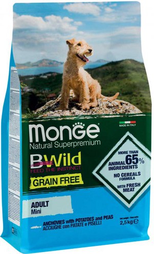 Сухий беззерновий корм Monge Dog Be Wild Gr.Free Mini для собак малих порід, з анчоусом, 2.5 кг