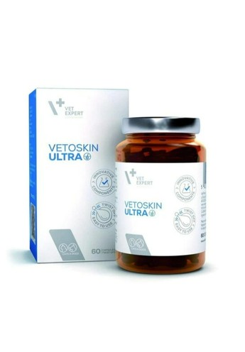 VetExpert VetoSkin Ultra – харчова добавка для здорової шкіри та блискучої шерсті собак і котів, 60 капс.