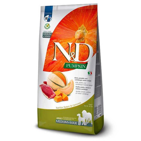 Farmina N&D Pumpkin Duck & Cantaloupe Adult Medium & Maxi — беззерновий холістик-корм із качкою, гарбузом і динею для дорослих собак середніх і великих порід, 12 кг