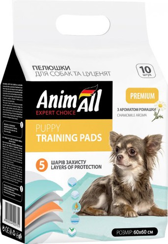 Пелюшки AnimAll Puppy Training Pads для собак і цуценят, з ароматом ромашки, 60×60 см, 10 шт